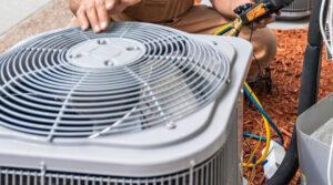 Residential AC unit being worked on