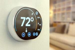 Digital smart thermostat mounted on wall showing 72° temperature with humidity and control icons below display.