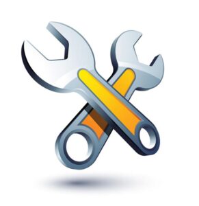 Crossed wrench and adjustable spanner tools with yellow handles and gray metal heads on white background.